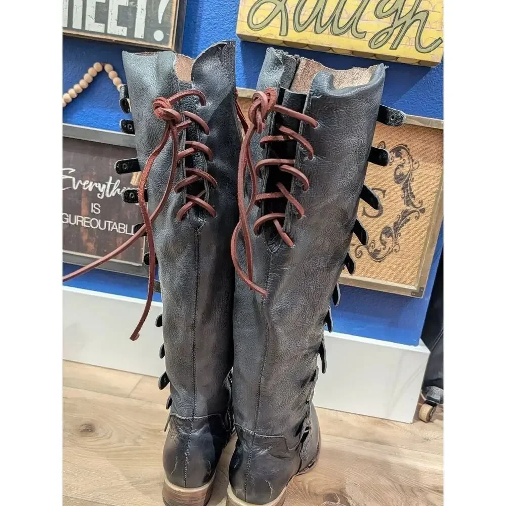 Freebird by Steven Rylan Boots Navy Buckles Boho Steampunk Western Womens 9 RARE